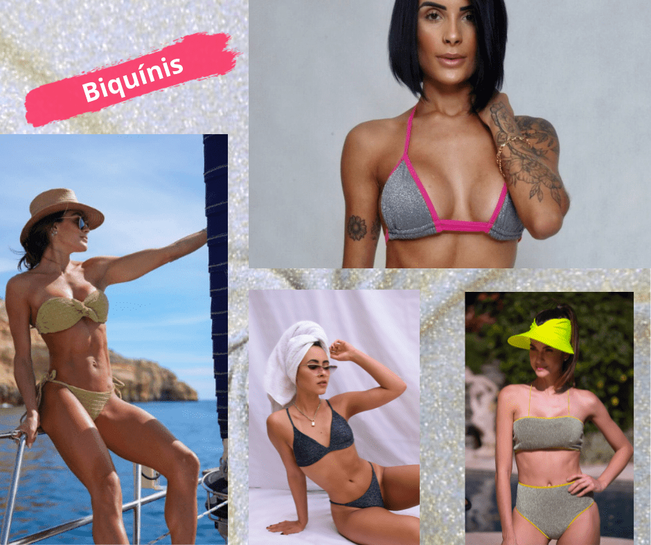 brilho moda praia verão 22 - vários modelos de biquínis em lurex